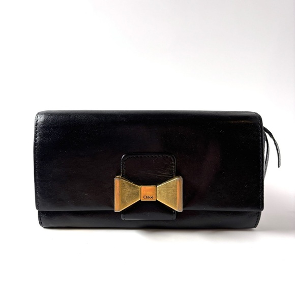Chloé Black Leather Bow Clutch – Gold Hardware, French Designer - Picture 1 of 7